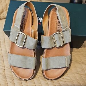 Mephisto Olive Suede Sandals with Brass Buckle